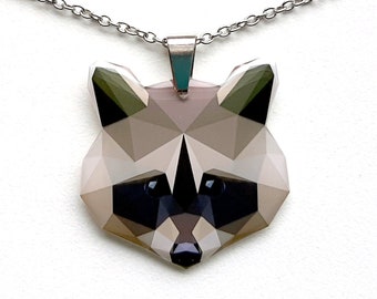 RACCOON NECKLACE, Polygon Pendant, Raccoon pendant, Raccoon NECKLACES, surgical stainless steel, Raccoon Jewelry