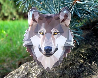 WOLF crystal resin BROOCH, Wolf Pin, Oiginal polygon Designed Brooch of Wolf