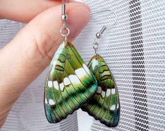 May include: A pair of butterfly wing earrings. The earrings feature a detailed design with shades of green, white, and blue. The earrings are suspended from silver-coloured hooks.