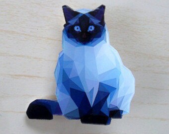 BLUE CAT BROOCH, Polygones Original résine de cristal faite à la main Broche, Épingle à chat, Broche animale, Art polygone original, Broche chaton