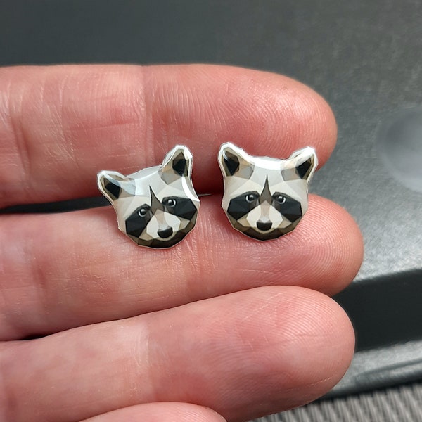 RACCOON STUD EARRINGS (crystal resin, surgical steel 316L - hypoallergenic earrings), width 12mm (0.47 inches), Length 12mm (0.47 inches)