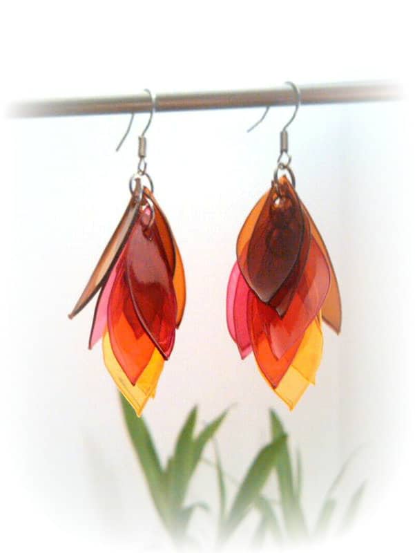 Red Recycled Plastic EARRINGS, surgery steel 316L, Recycled Bottle  earrings, LEAF long earrings, Red Leaf long earrings,Leaf Dangle Earrings
