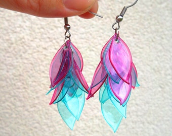 Recycled Plastic EARRINGS, surgery steel 316L, Recycled Bottle jewelry, LEAF long earrings, RAINBOW Leaf long earrings, Leaf Dangle Earrings