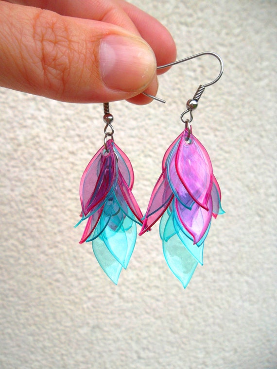 Recycled Plastic EARRINGS, surgery steel 316L, Recycled Bottle jewelry,  LEAF long earrings, RAINBOW Leaf long earrings, Leaf Dangle Earrings