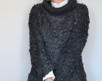 Women's Gray Long Sweater Dress, Wet-Look Knit Oversized Pullover, Italian Brand Fashion