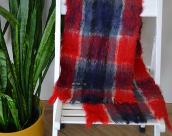 Vintage red plaid scarf, 100% mohair wool, classic check winter wrap, scotish style