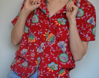 Vintage Hawaiian Shirt Women’s S – Red Floral Aloha Print – 100% Viscose Summer Top