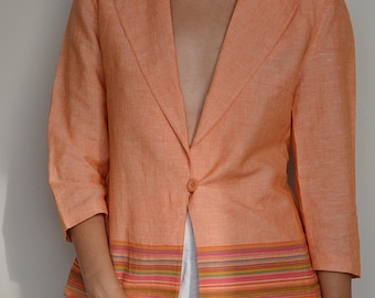 Vintage Peach Linen Blazer: Single Button Summer Coat, Minimalist 90s Style