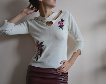 Floral Embroidered White Knit Jumper - Cutout Neckline