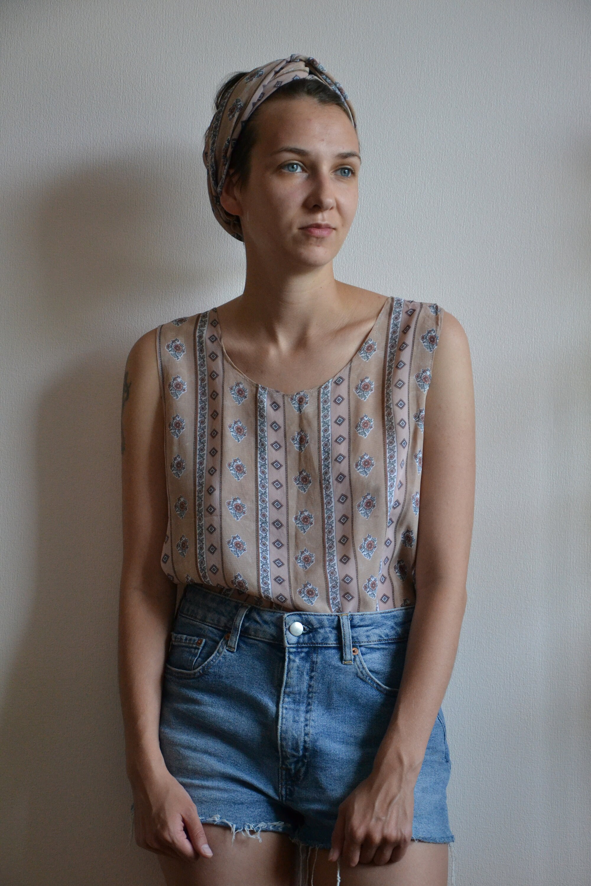 宅配便配送 Scarf/90s With Top 90s Vintage Clothing/vintage Summer Beige トップス