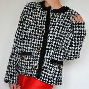 Vintage Black and White Tweed Blazer: Checkered Retro Jacket, S/M