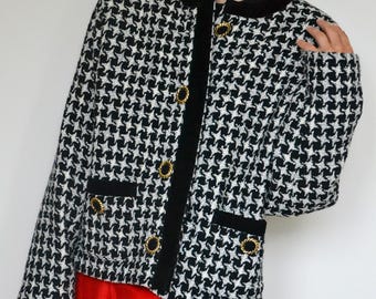 Vintage Black and White Tweed Blazer: Checkered Retro Jacket, S/M