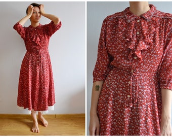 Vintage red dress women, floral dress, romantic floral dress size XS