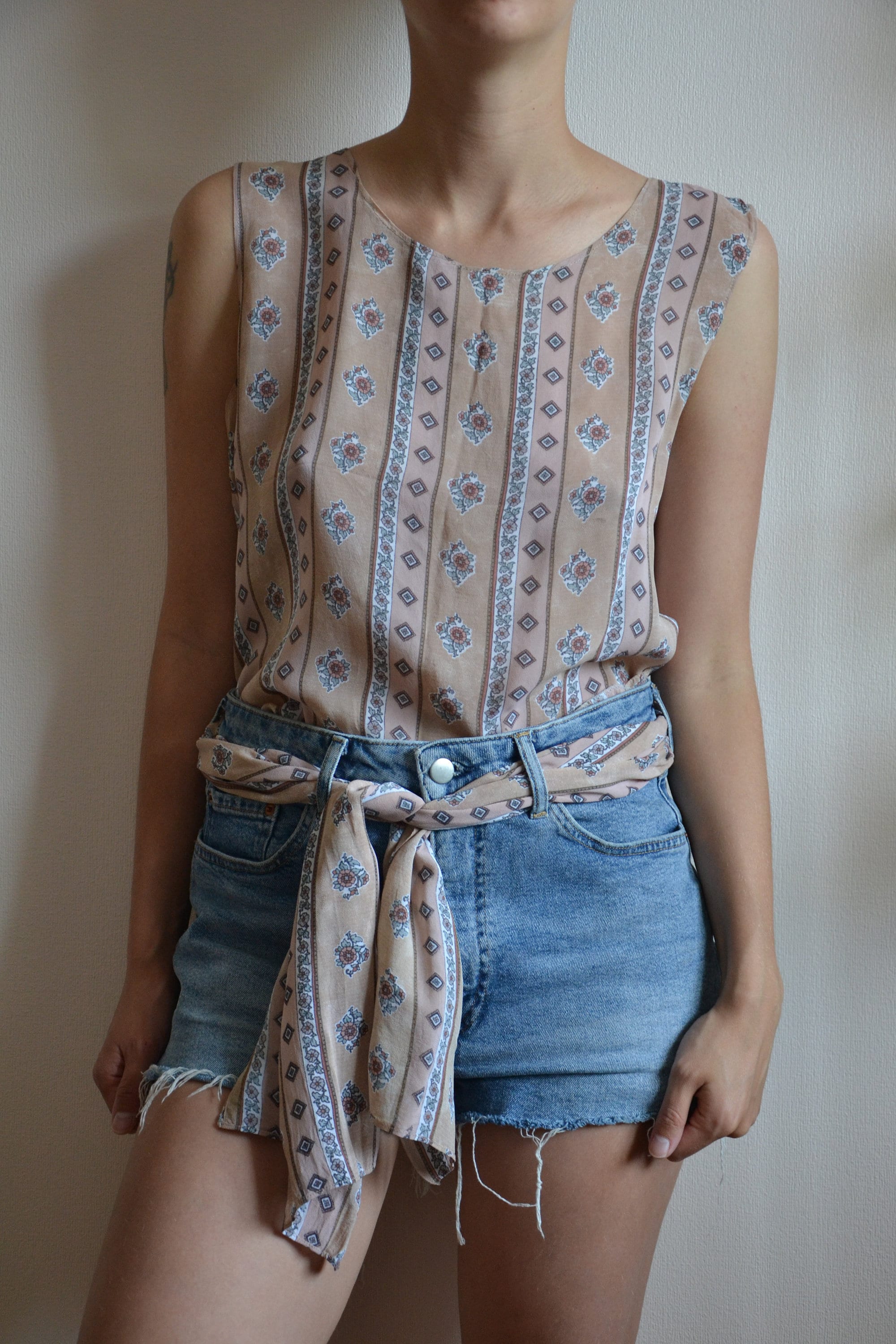 Vintage 90s Top With Scarf/90s Clothing/vintage Beige Summer