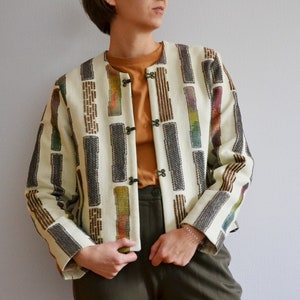 Tweed blazer for women, Beige vintage women jacket size S, Summer jacket from 90s