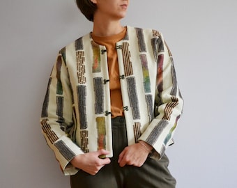 Vintage 90s Tweed Blazer: Beige Cotton Blend Jacket, Size S