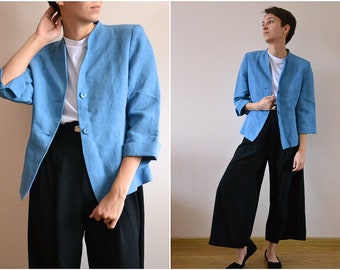 Vintage Women's Blue Linen Blazer S size made in USA from the 1990s