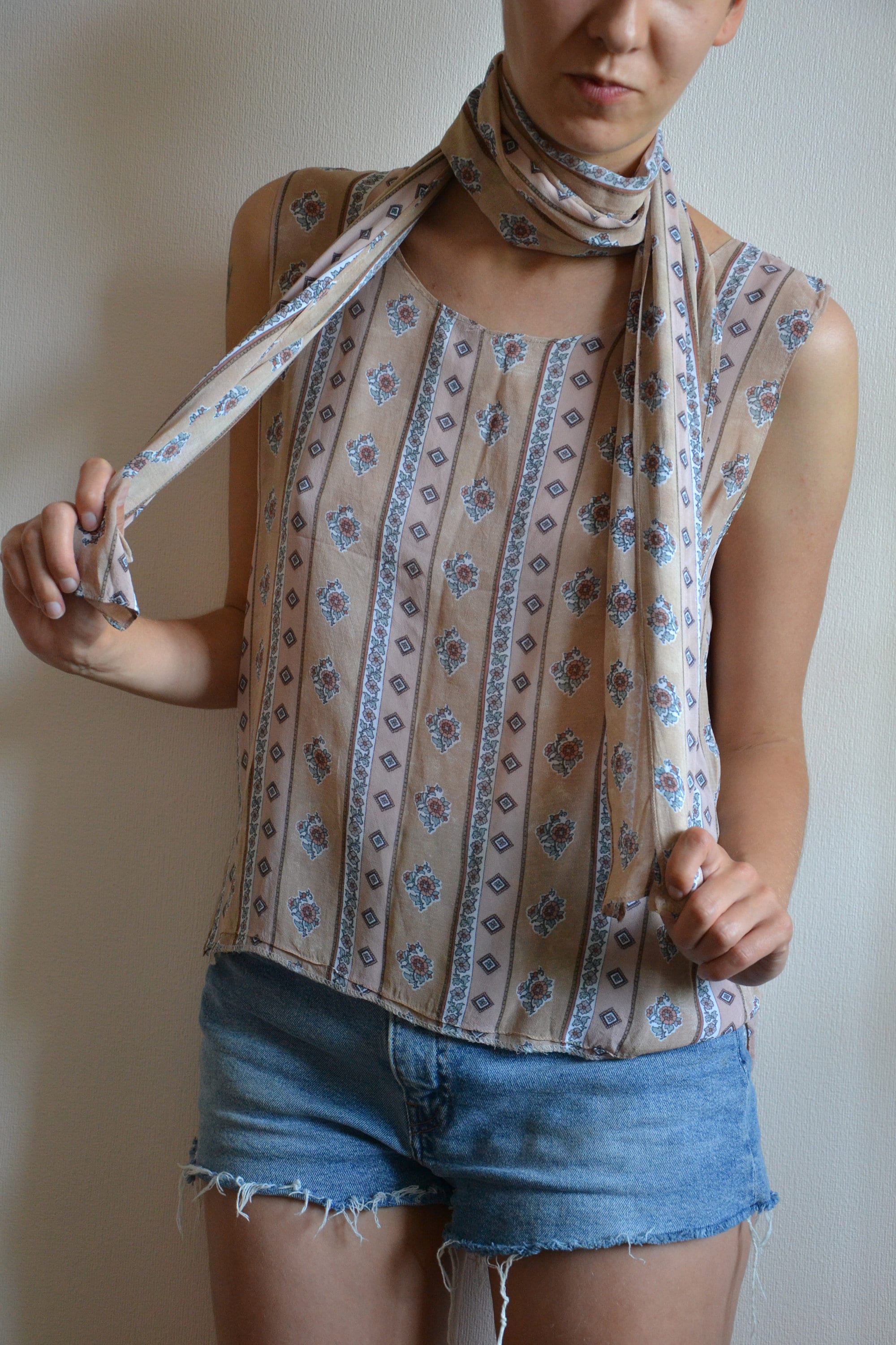 Vintage 90s Top With Scarf/90s Clothing/vintage Beige Summer