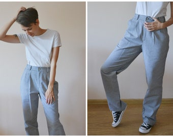 Vintage high waisted women cotton trousers / high waist pants / plaid trousers / 80s trousers / 90s trousers