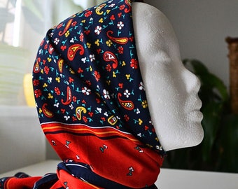 Cachecol quadrado floral vintage: lenço azul escuro e vermelho