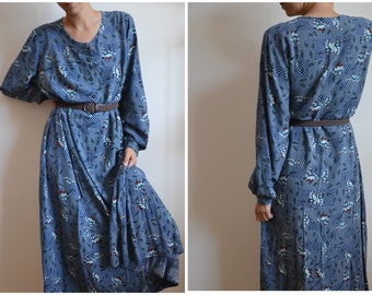 Vintage blue long sleeve dress Vintage 90s Navy Blue Dress Below the knee Boho style  Oversize dress