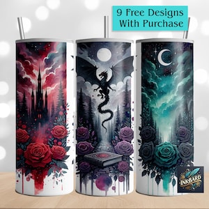 Fantasy Romantasy Book Lover Reader Gothic Dragon Seamless 20 oz Skinny Tumbler Wrap Sublimation Design Download PNG Instant Digital Only