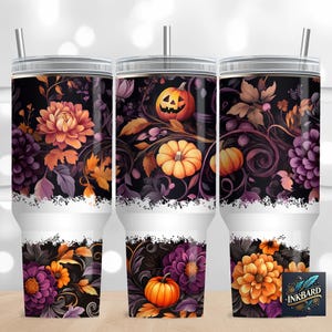 Cute Halloween Fall Autumn Floral 40oz Wrap PNG - Sublimation Designs Downloads - Tumbler with Handle