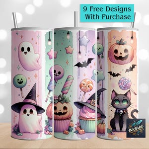 Lindo gato negro pastel fantasma espeluznante Halloween sin costuras envoltura de vaso delgado de 20 oz diseño de sublimación descarga PNG solo digital instantáneo