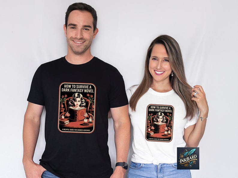 A man and a woman are standing next to each other, both wearing t-shirts with a graphic design.