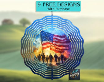 May include: A blue metal wind spinner with a patriotic design featuring an American flag and soldiers. The design is set against a watercolor background with clouds and a sunset. The wind spinner has 9 layers of metal.