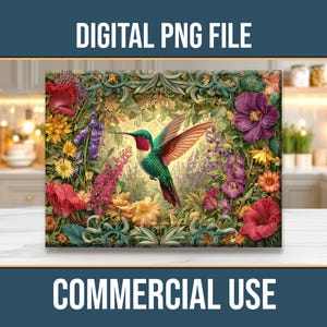 Puede incluir: Archivo PNG digital con una vibrante ilustración de un colibrí con las alas extendidas, rodeado de flores coloridas. La obra de arte incluye el texto "DIGITAL PNG FILE" y "COMMERCIAL USE". La imagen está situada sobre un fondo de cocina borroso.
