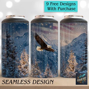 May include: Three cylindrical beverage insulators with a winter landscape design. The design features a bald eagle in flight, an American flag, snow-covered mountains, and evergreen trees. The text "SEAMLESS DESIGN" is at the bottom.
