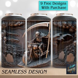 May include: Three cylindrical tumblers with a seamless design featuring a skeleton riding a motorcycle, holding a scythe. The design includes skulls, waves, and tombstones. The text "9 Free Designs With Purchase" is visible.