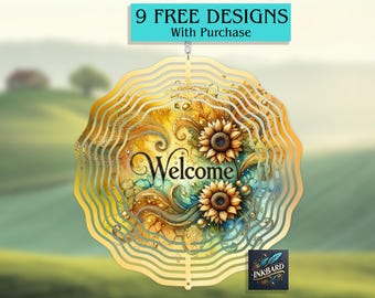 Letrero de bienvenida con diseño de girasol, floral, de verano, estilo campestre, molino de viento, sublimación, solo diseño digital, descarga instantánea PNG, colgador de puerta