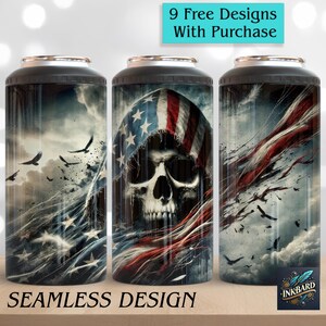 May include: Three stainless steel tumblers with a seamless design featuring an American flag with a skull and crossbones. The tumblers are perfect for keeping drinks cold or hot.