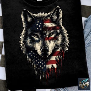 a t - shirt with a wolf with an american flag on it