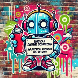 a mural of a robot holding a spray paint can