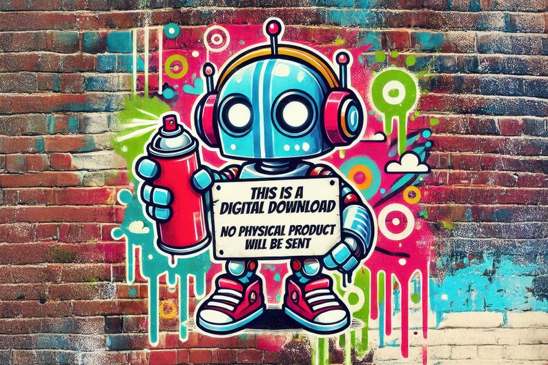 a mural of a robot holding a spray paint can
