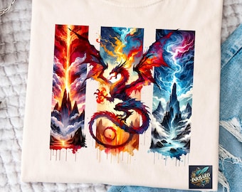 Puede incluir: Una ilustración de acuarela de un dragón rojo con acentos azules y amarillos. El dragón está volando a través de un cielo ardiente con una montaña en el fondo. La imagen está dividida en tres secciones, cada una con un esquema de color diferente.