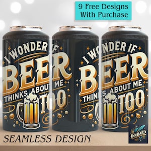 Op de afbeelding: Drie zwarte en gouden geïsoleerde drankblikjeskoelers met een humoristisch bierthema. De tekst op de koelers luidt "Ik vraag me af of bier ook aan me denkt".