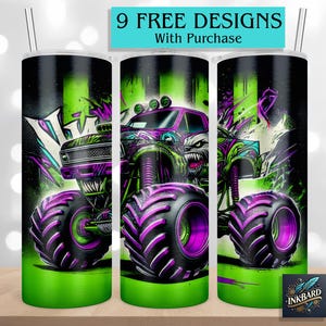 May include: Three stainless steel tumblers with a monster truck design in shades of purple, green, and black. The tumblers have a green base and a black background with the text "9 FREE DESIGNS With Purchase". Each tumbler has a straw.
