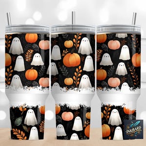 Cute Halloween Ghost Pumpkin Fall Autumn Floral 40oz Wrap PNG - Sublimation Designs Downloads - Tumbler with Handle