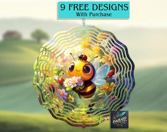 Lindo dibujo animado alegre de abejorro floral, girasol, primavera, verano, hilandero de viento, diseño digital de sublimación, solo descarga instantánea, PNG, colgador de puerta