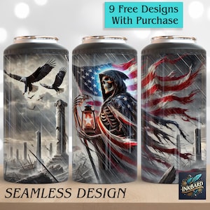 May include: Three stainless steel tumblers with different designs. The first tumbler features a bald eagle flying over a cityscape. The second tumbler features a skeleton wearing a hooded cloak and holding a lantern, with an American flag behind it. The third tumbler features an American flag with a dark background. The tumblers are all seamless designs.