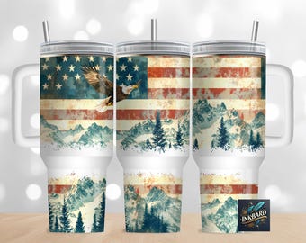 Patriotic Eagle July 4th Independence Day USA Flag 40oz Wrap PNG - Sublimation Designs Downloads - Tumbler with Handle