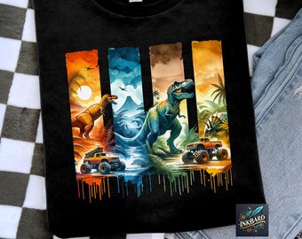 Colorful Dinosaur Monster Truck Jurassic Kids T-Rex Kids Boys Toddler Sublimation Shirt Design Tshirt PNG Instant Digital Download Only