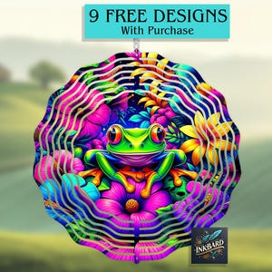May include: A colorful metal wind spinner featuring a vibrant green frog surrounded by flowers in shades of pink, purple, yellow, and blue. The wind spinner has a layered design with wavy lines and the text "9 FREE DESIGNS With Purchase".