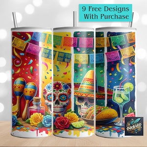 Cinco De Mayo Party Taco Fiesta Mexicana Sugar Skull Seamless 20 oz Skinny Tumbler Wrap Sublimation Design Download PNG Instant Digital Only