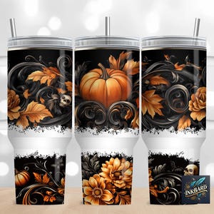 Cute Pumpkin Halloween Fall Autumn Floral 40oz Wrap PNG - Sublimation Designs Downloads - Tumbler with Handle