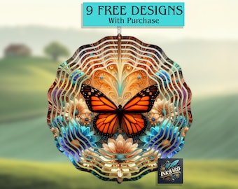 Monarch Butterfly Spring Floral Summer Garden Decoration Wind Spinner Sublimation Digital Design Only, Instant Download PNG, Door Hanger